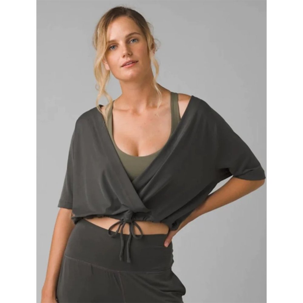 Prana Narkanda Top Cross Front V-Neck Cropped Short Sleeve Shirt Washed Black S